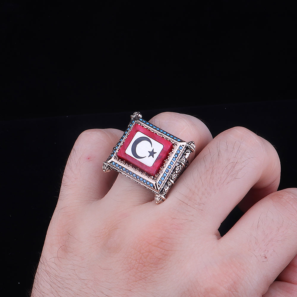 Ay Yıldız İşlemeli Kehribar Taşlı Gümüş Yüzük