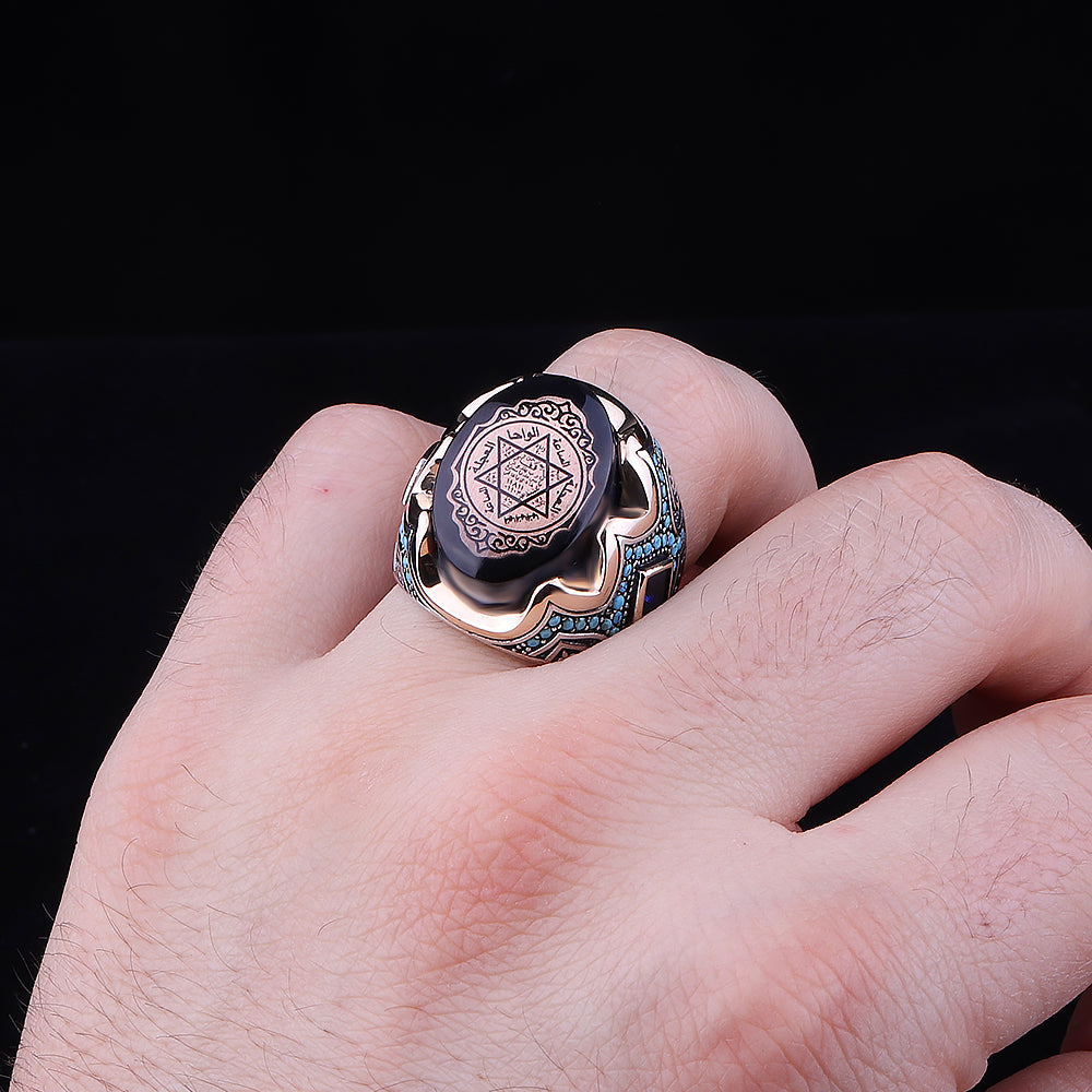 Siyah Kehribar Taşlı Mührü Süleyman Gümüş Yüzük