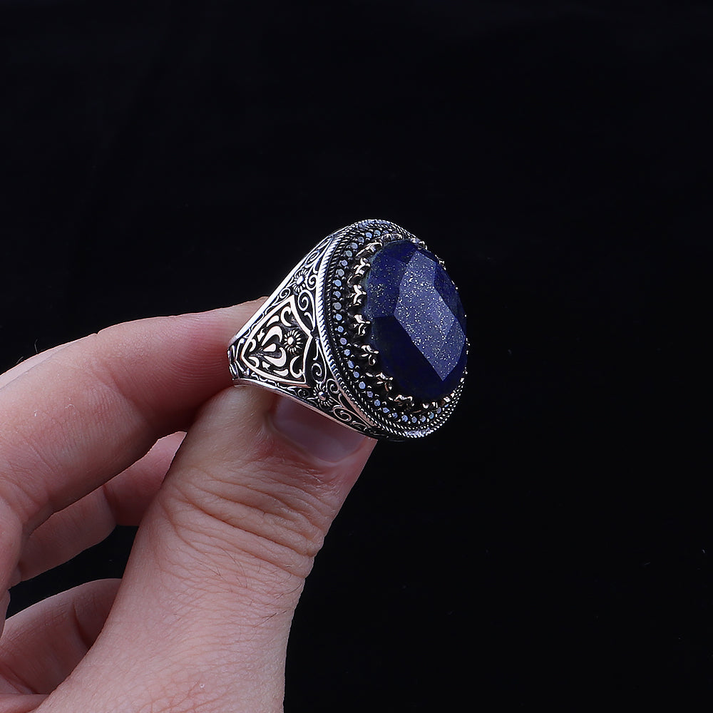 Doğal Lapis Taşlı Gümüş Yüzük