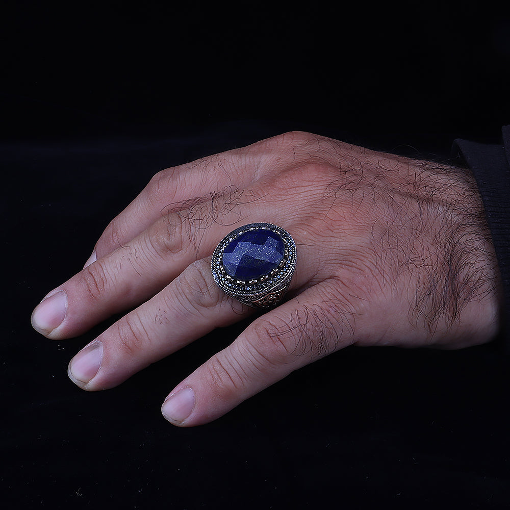 Doğal Lapis Taşlı Gümüş Yüzük