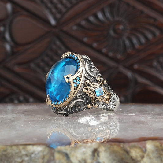 Rölyef Desenli Blue Topaz Taşlı Yüzük