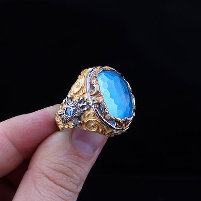 Aqua Taşlı Rodaj Kaplamalı Erkek Gümüş Yüzük