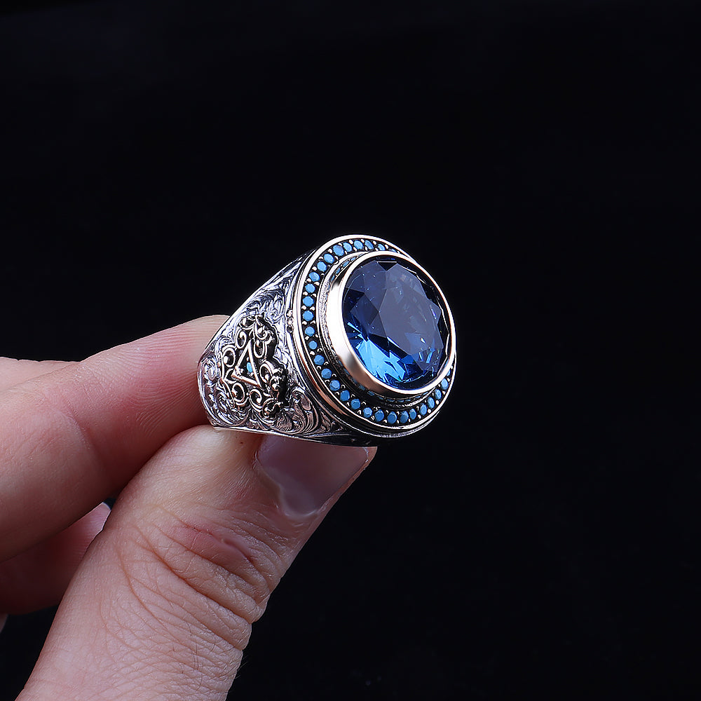 Kalem İşleme Aqua Taşlı Gümüş Yüzük